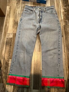 Light Blue Wide-Leg Jeans with Red & Green Hem Accent